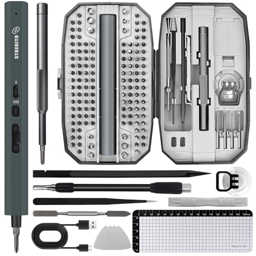 STREBITO 155 in 1 Electric Screwdriver Set, Small Electric Screwdriver Cordless with 140 S2 Magnetic Bits, Electronic Power Screwdriver Repair Tool Kit for RC, Computer, PC Building, Laptop - color: Grey