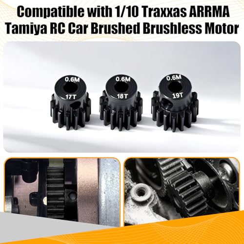 3PCS 0.6M Hardened Steel Pinion Gear Set with 3.175mm Shaft, 0.6 Metric Pitch 17T 18T 19T Pinion Gears for 540 550 Brushed Brushless Motor, Compatible with 1/10 Tamiya Redcat HSP HPI RC Car - size: 17 18 19T