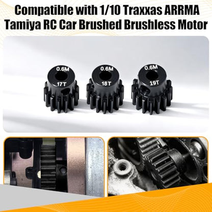 3PCS 0.6M Hardened Steel Pinion Gear Set with 3.175mm Shaft, 0.6 Metric Pitch 17T 18T 19T Pinion Gears for 540 550 Brushed Brushless Motor, Compatible with 1/10 Tamiya Redcat HSP HPI RC Car - size: 17 18 19T