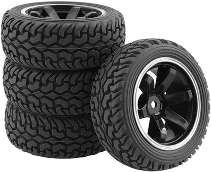 4PCS 75mm Rubber Tires and 6Spokes Plastic Wheel Rims Tyre for 1/10 RC On-Road Drift Racing Car 1:14 1:16 Rally Car for Tamiya Kyosho HPI HSP TT02 Upgrades Parts (Black Silver) - color: Black Silver