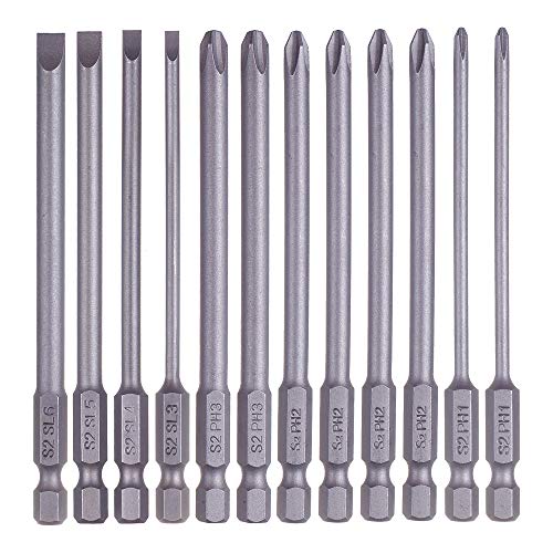 Rocaris 12 Pack 1/4 Inch Hex Shank Long Magnetic Screwdriver Bits Set | 4in Power Tools (Slotted+Cross Head) - size: 12Pcs(Slotted+Cross)