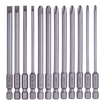 Rocaris 12 Pack 1/4 Inch Hex Shank Long Magnetic Screwdriver Bits Set | 4in Power Tools (Slotted+Cross Head) - size: 12Pcs(Slotted+Cross)