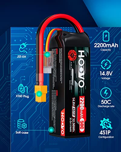 HOOVO 4S 14.8V 2200mAh 50C Lipo Battery Pack with XT60 Connector 2 Packs | for Popular RC Car RC Helicopter Airplane Quadcopter UAV Drone FPV