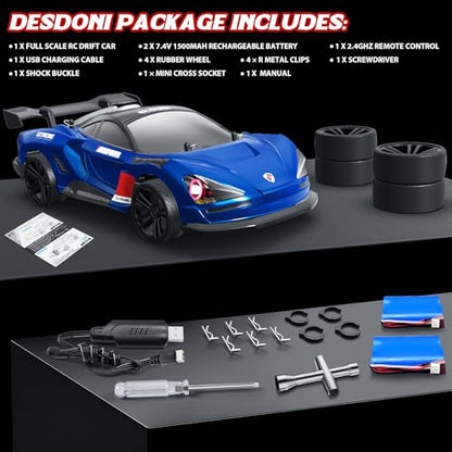 1/16 Fast RC Cars for Adults, RC Drift Car, 38KM/H High-Speed 4WD, Full Proportional Control, 6 LED Light Modes, 2 Rechargeable Batteries, RTR Drifting for Adults, Gift for Boys Kids and Girls