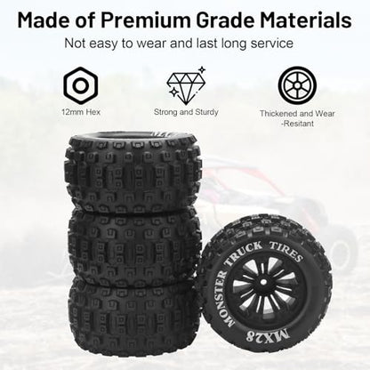 12mm Hex RC Wheels and Tires, daitoku MX28 RC Truck Tires for Traxxas Rustler Stampede Hoss 2wd 4x4 vxl Redcat RIAARIO AMORIL - Style B (Black) Not Glued