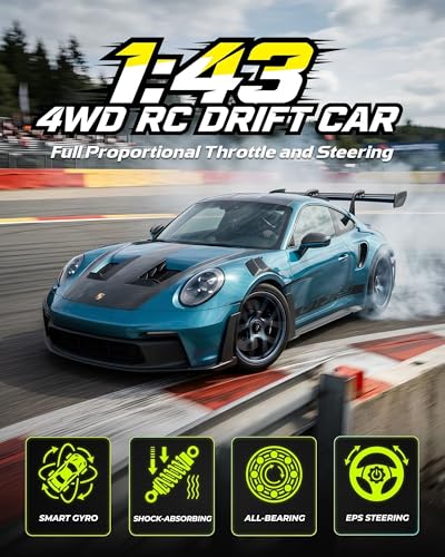 ARRIS 1/43 911 RC Drift Car 4WD with Gyro Full Proportional RTR | Alloy Body, 20KM/H Speed, Extra Drift Tires, Silent Bearings, LED Lighting - color: Blue-911