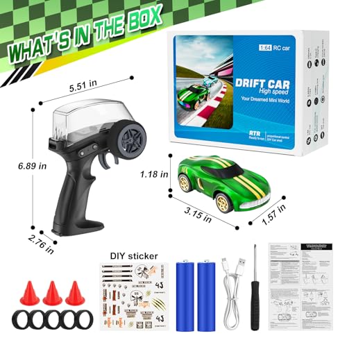RC Drift Car, 1/64 Mini Drift RC Cars 4WD Micro Remote Control Car with LED Lights and Speed Switch, Cars Toys for Adults Kids Boys Age 6 7 8-12, Green - color: Green