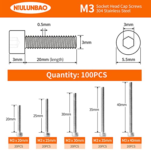 M3 x 20mm 25mm 30mm 35mm 40mm Hex Socket Head Cap Screws Bolts, 304 Stainless Steel, Metric Machine Fully Threaded, Bright Finish, Allen Hex Drive, Assortment Kit 100PCS - size: M3 x 20/25/30/35/40mm (100PCS)