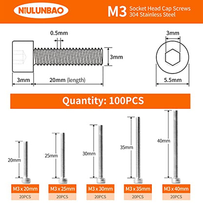 M3 x 20mm 25mm 30mm 35mm 40mm Hex Socket Head Cap Screws Bolts, 304 Stainless Steel, Metric Machine Fully Threaded, Bright Finish, Allen Hex Drive, Assortment Kit 100PCS - size: M3 x 20/25/30/35/40mm (100PCS)