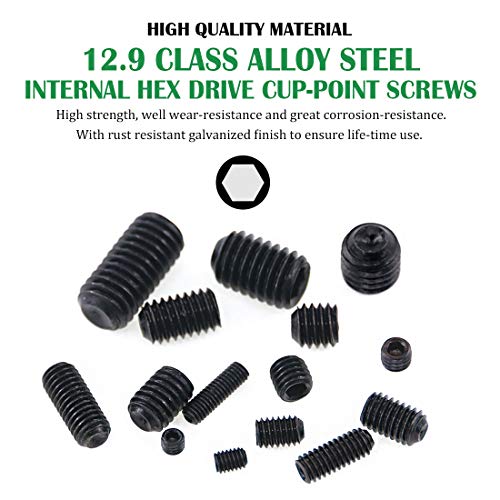 Keadic 450Pcs Internal Hex Drive Cup-Point Screw Assortment Kit - 15 Sizes Alloy Steel Hex Socket Set Cap Point Grub Screws, M3 M4 M5 M6 M8, Black - style: 450pcs Metric M3-M8 Cup Point Set Screw Kit