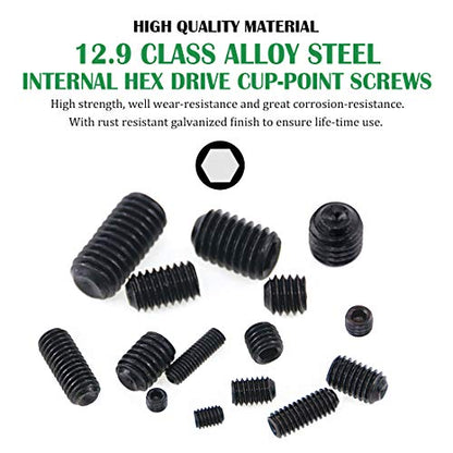 Keadic 450Pcs Internal Hex Drive Cup-Point Screw Assortment Kit - 15 Sizes Alloy Steel Hex Socket Set Cap Point Grub Screws, M3 M4 M5 M6 M8, Black - style: 450pcs Metric M3-M8 Cup Point Set Screw Kit