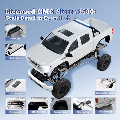FMS FCX18S GMC Sierra S 1500 RC Crawler, 1/18 Brushless RC Truck 4WD Offroad, Official Licensed GMC Pickup with 2-Speed Transmission, Portal Axles, Metal Gears, ABS Hard Shell, RTR RC Car for Adults