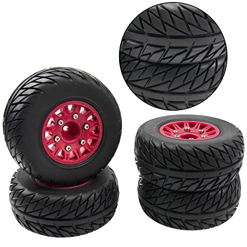 4Pack Vgoohobby 4.45" 1/10 RC Off-Road Car Rubber Tires & Plastic Wheels Rim Compatible with Traxxas Arrma Redcat Tamiya HPI Kyosho 1/10 RC Off-Road Buggy Short-Course Truck (Red,Style 2 Tire-Skin)