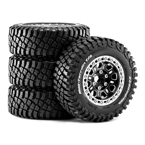 1.9" Beadlock Wheels and Tires (90mm/3.54in) for MJX Hyper Go H12Y, MN128, 1/12 RC Crawler, CNC Aluminum Wheels, Soft Rubber Tires with Foam Inserts, Installation Tool Included (Black) - color: Black