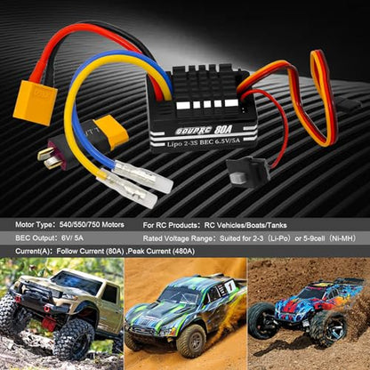 GOUPRC 2S-3S LiPo Metal 80A Brushed ESC Electronic Speed Controller T-plug/XT60 Plugs for 1/10 RC Car RC Boat for use with 540/550/750 Motors - color: Black
