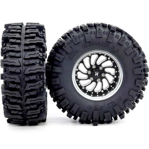 Adjustable Offset 2.2 Beadlock Wheels and Tires Set, 124mm Tall Mud Slingers 2.2 Tires and Wheels for RC Crawler Gen8 Everest 10 SCX10 Capra Upgrades,HS701584 - color: Silver & Black