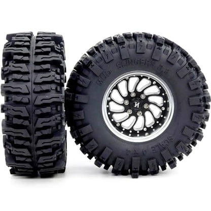 Adjustable Offset 2.2 Beadlock Wheels and Tires Set, 124mm Tall Mud Slingers 2.2 Tires and Wheels for RC Crawler Gen8 Everest 10 SCX10 Capra Upgrades,HS701584 - color: Silver & Black