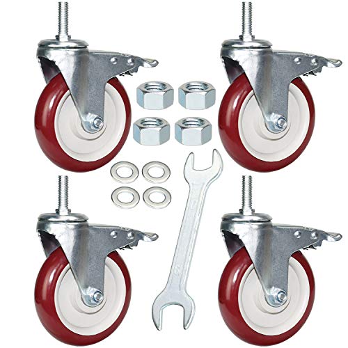 5 Inch Swivel Stem Casters Heavy Duty American Size UNC 1/2"-13x1-1/2 Stem Thread Wheels 360 Degree Durable Wheels Dual Safety Locks Castors with 900 Lbs Capacity Pack of Four - color: Red, size: 5 Inch