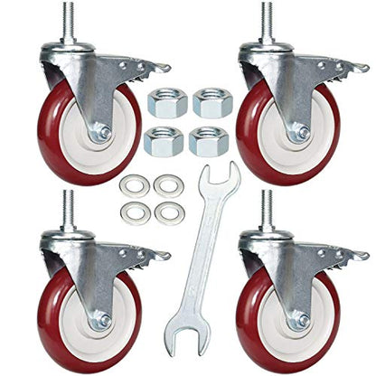 5 Inch Swivel Stem Casters Heavy Duty American Size UNC 1/2"-13x1-1/2 Stem Thread Wheels 360 Degree Durable Wheels Dual Safety Locks Castors with 900 Lbs Capacity Pack of Four - color: Red, size: 5 Inch