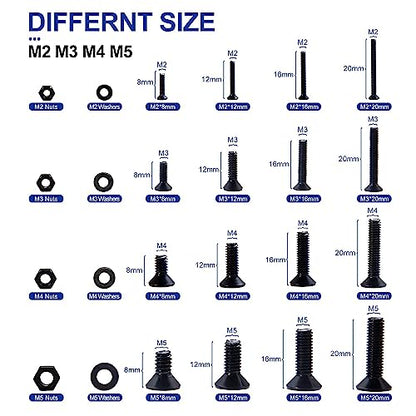 NINDEJIN Hex Socket Flat Head Screw M2 M3 M4 M5 Bolts Nuts and Washer Assortment Kit, 1060 PCS Metric Screws with 4 PCS Allen Wrenches, Small Black Machine Screws Set, 12.9 Carbon Steel | Black Oxide, Carbon Steel Metric Screws, Bolts Nuts, 4 pcs Hex Keys
