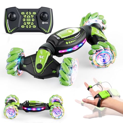Contixo Kids Large Remote Control Car with Gesture Sensor, 4WD 360° Spins, Music, Lights & Spray, Side Drifts, Double-Sided Driving Off-Road Stunt Car Vehicle Birthday Gift for Boys Ages 5,6,7, Green - color: Green