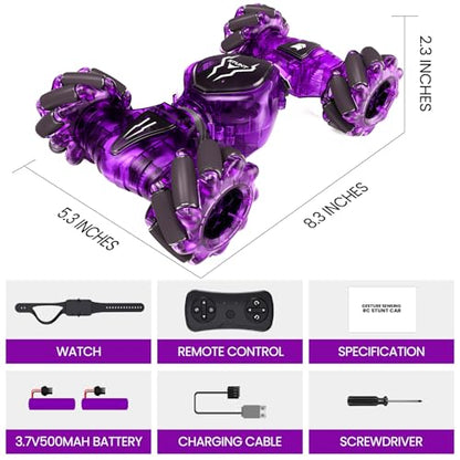 Tecnock Remote Control Car for Boys Girls, 2.4GHz 4WD Gesture Sensing RC Stunt Car Toys - 360° Rotating Double Sided Hand Controlled RC Cars with LED Lights, Gifts for Kids Ages 6-8, 8-12 - color: Purple