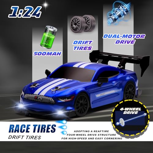 1:24 Scale RC Drift Car,4WD 2.4GHz High Speed Racing Hobby Sport Toy Car Vehicle with LED Lights,Racing and Drift Wheels for Adult Boys Girls Kids Gift (8602-Blue) - color: 8602-blue