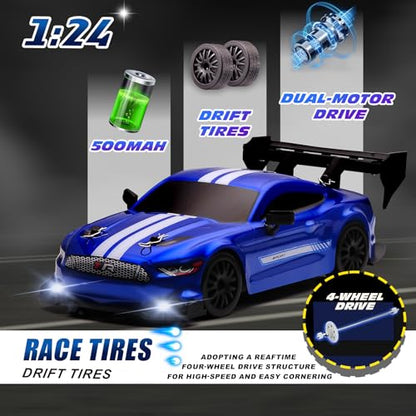 1:24 Scale RC Drift Car,4WD 2.4GHz High Speed Racing Hobby Sport Toy Car Vehicle with LED Lights,Racing and Drift Wheels for Adult Boys Girls Kids Gift (8602-Blue) - color: 8602-blue