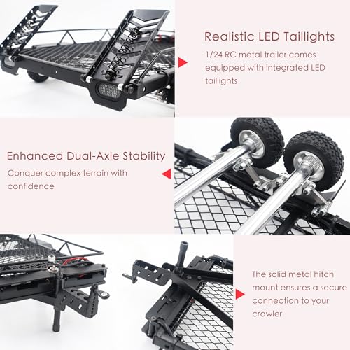 1/18 1/24 Metal Flatbed RC Trailer Kit with Tow Hitch for TRX4M SCX24 | For Axial SCX24 FMS FCX24 1/18 1/24 RC Car,RC Trailer with LED Taillight & Hook Hitch,Heavy-Duty,Strong and Durable