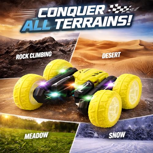 Remote Control Car for Kids, 360° Rotating Stunt Car, Double-Sided Driving, 2.4GHz RC Car, Rechargeable All-Terrain Toy, LED Glowing Wheels with Projection, for Boys & Girls Ages 4-8 - color: Yellow