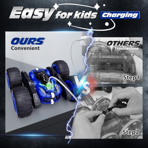 Tecnock Remote Control Car, 2.4GHz RC Cars with USB-C Easy Charging, 4WD Double Sided 360° Rotates and Flips RC Stunt Car, Toys Gift for Boys and Girls Ages 6-8, 8-12 - color: Blue