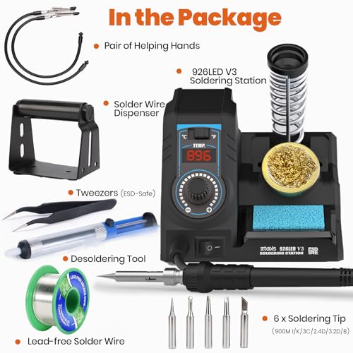 926LED V3 Entry-Level 60W Soldering Station Iron Kit in Black with Temperature Control includes Helping Hands, Lead-Free Solder, 6 Soldering Tips, ESD-Safe Tweezers, Sleep Mode - color: Black
