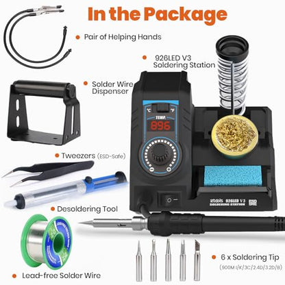 926LED V3 Entry-Level 60W Soldering Station Iron Kit in Black with Temperature Control includes Helping Hands, Lead-Free Solder, 6 Soldering Tips, ESD-Safe Tweezers, Sleep Mode - color: Black