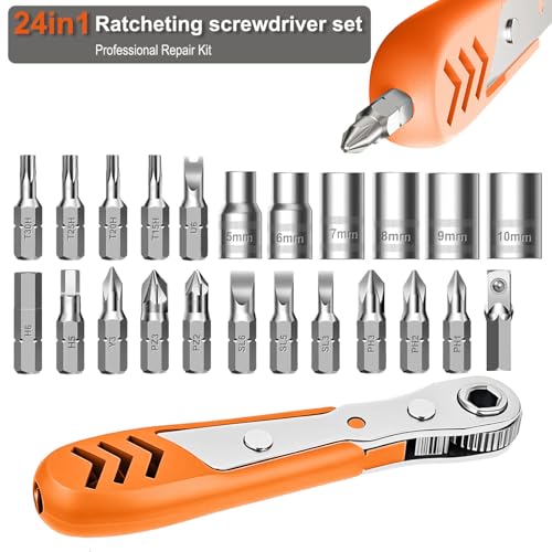 Right Angle Screwdriver 24 in 1 Ratchet Screwdriver Set | Cr-V Steel, Mini Ratchet Wrench for Tight Spaces, Ideal for Bike Repair & DIY Projects - style: 24pcs Ratchet Screwdriver