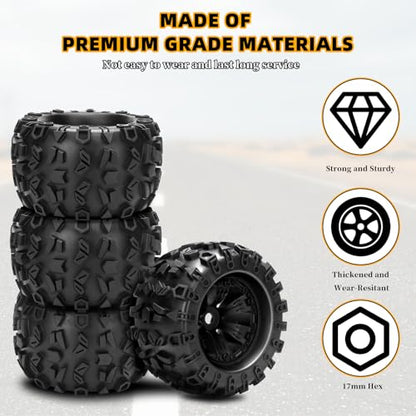 1/8 RC Monster Truck Tires, daitoku 17mm Hex RC Wheels and Tires for Traxxas Maxx Tmaxx E-Revo Revo 3.3 Arrma Kraton Notorious 6s Redcat Kaiju Shredder JLB Cheetah Monster