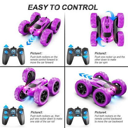QUNREDA RC Cars, Purple Remote Control Car for Girls, 2.4 GHZ Double Sided RC Stunt Car 360° Rotating Remote Control Crawler with Headlights Car Toys for 6 7 8 9 10 11 12 Girls Birthday Gift - color: Purple