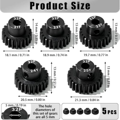 5Pcs 32P Hardened Steel Pinion Gear Set 5mm Shaft 21T 22T 23T 24T 25T Motor Pinion Gear with M4 Screw and Hex Key, for Arrma HPI Kyosho Losi Axial Traxxas Tamiya 1/10 RC Car and 540/550 Motors - size: 32P-HSP-5mm-21-25T