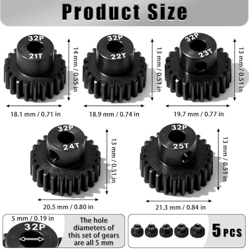5Pcs 32P Hardened Steel Pinion Gear Set 5mm Shaft 21T 22T 23T 24T 25T Motor Pinion Gear with M4 Screw and Hex Key, for Arrma HPI Kyosho Losi Axial Traxxas Tamiya 1/10 RC Car and 540/550 Motors - size: 32P-HSP-5mm-21-25T