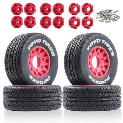1/10 1/8 RC Short Course Truck Tires OD 4.33" and Wheels 12mm 14mm 17mm Hex for 1:8 1:10 Scale Off Road Truck Car Traxxas Slash 2WD 4×4 Rc4wd Arrma Senton Axial Losi Redcat 4PCS (Red) - color: Red