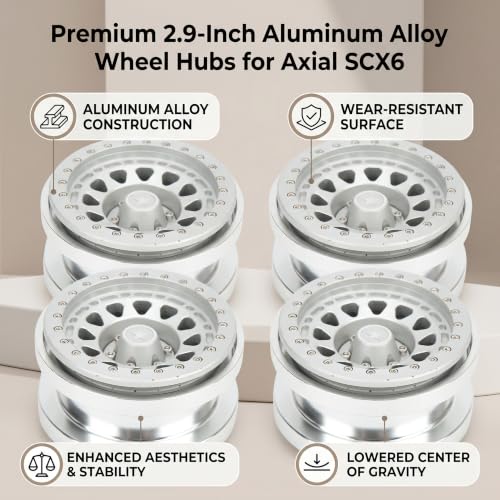 VBESTLIFE 4 PCS 2.9 Inch Wheels 12 Hole Alloy Wheels, 1/6 RC Car Wheels for AXAIL SCX6 1/6 RC Car - color: Silver