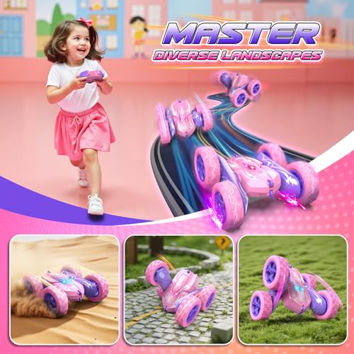 Excitobo Remote Control Car,RC Cars for 4 5 6 7 8 9 10 11 12 Year Old Girl Double Sided 360°Flip 4WD Rechargeable Drift RC Race Car Girls Toys Birthday Gifts Easter Basket Stuffers for Kids Age 4-12 - color: Pink