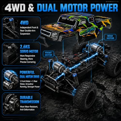 1:18 4WD RC Monster Truck 40 KMH All Terrain Off-Road RC Cars Dual Motors | 40A ESC Fast RC Car with 2 Batteries 60 Mins Runtime High Speed Radio Controlled Car for Adults Boys
