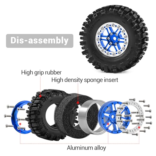 RCMMTING1.3" Wheels and Tires Set 64mm (2.52in) for SCX24 TRX4M 1/24 1/18 RC Crawler – Upgrade Parts (Blue, 4Pcs) - color: blue