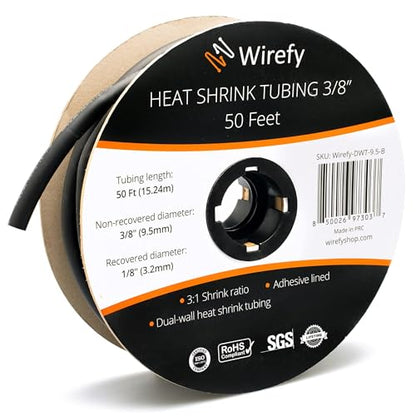 Wirefy | Heat Shrink Tubing - 3/8" inch - 3:1 Ratio - Adhesive Dual Wall Waterproof - Heat Shrink Tube - Heatshrink Tubes - Black - 50 Feet Roll | Trusted UL Certification - color: Black, size: 3/8" - 50 Feet