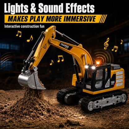 Mini RC Excavator, 1/64 Remote Control Excavator with Lights & Sounds, App & 2.4GHz RC Alloy Rechargeable Construction Vehicle Toy with Lights & Sounds, Gift for Boys Girls Adults - style: RC Excavator
