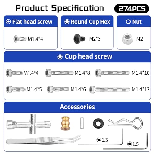274Pcs RC Screw Kit RC Repair Kit M1.4 Screws for Axial SCX24 Bronco Deadbolt Gladiator Chevrolet C10 B17 Betty Wrangler JLU 1/24 Crawler Upgrades