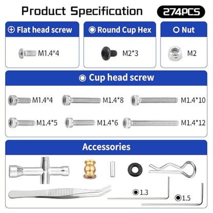 274Pcs RC Screw Kit RC Repair Kit M1.4 Screws for Axial SCX24 Bronco Deadbolt Gladiator Chevrolet C10 B17 Betty Wrangler JLU 1/24 Crawler Upgrades