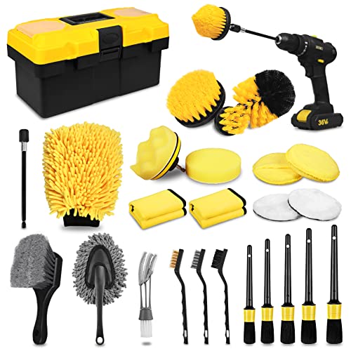 TTRCB 27Pcs Car Detailing Kit, Car Detailing Brush Set, Auto Detailing Drill Brush Set, Car Detailing Brushes, Car Wash Kit, Car Accessories, Car Cleaning Tools Kit for Interior, Exterior, Wheels - size: 27pcs