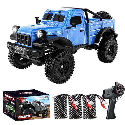 1:18 Scale All Terrain Remote Control Car, 2.4 GHz 4WD RC Rock Crawler with LED Lights, 12KPH Off-Road Pickup Truck Vehicle Toys RTR Gift for Adults - color: Blue, size: 3 Battery