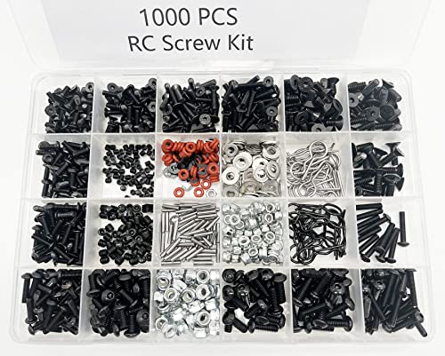 1000pcs Universal RC Screw Kit Screws Assortment Set, Hardware Fasteners for Traxxas Axial Redcat HPI Arrma SCX10 Losi 1/8 1/10 1/12 1/16 Scale RC Cars Trucks Crawler, RC Screw Kit, Body Clips Pins